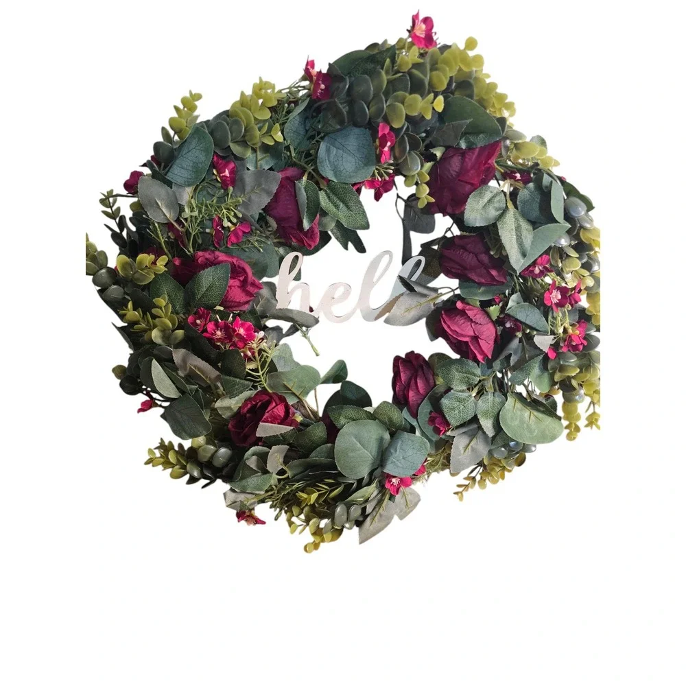 Hello Blessed Welcome Floral Wreath Front Door Decor Artificial Flower Wreath
